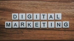 tiles that spell out digital marketing with a wood backdrop